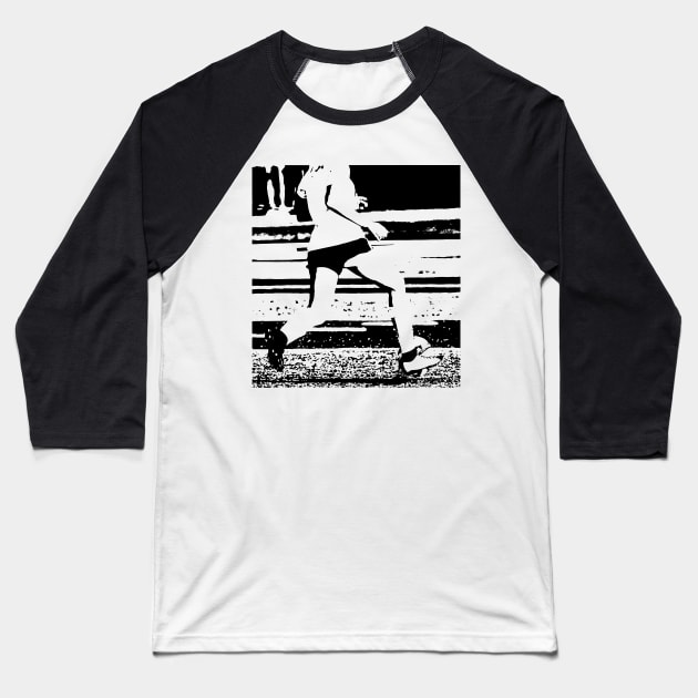 Girl running with soccer ball on a field Baseball T-Shirt by Woodys Designs